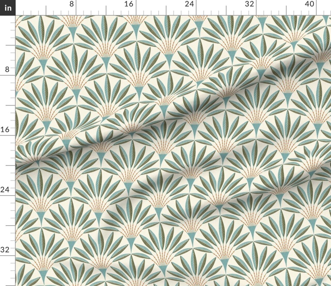 Modern Geometric Teal Green Orange Bold Linen Texture Retro Scallop Fans Custom Printed Fabric by Spoonflower Various Fabrics by the Yard or Fat Quarter